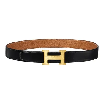 HERMES H Martelee Epsom Calfskin Belt Leather Belts Men's Black Gold 3.2cm