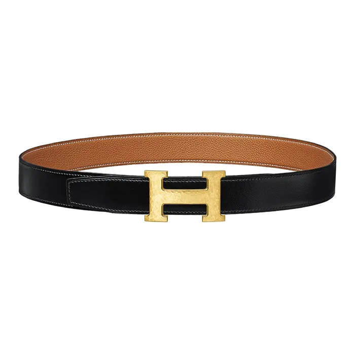 HERMES H Martelee Epsom Calfskin Belt Leather Belts Men's Black Gold 3.2cm-0