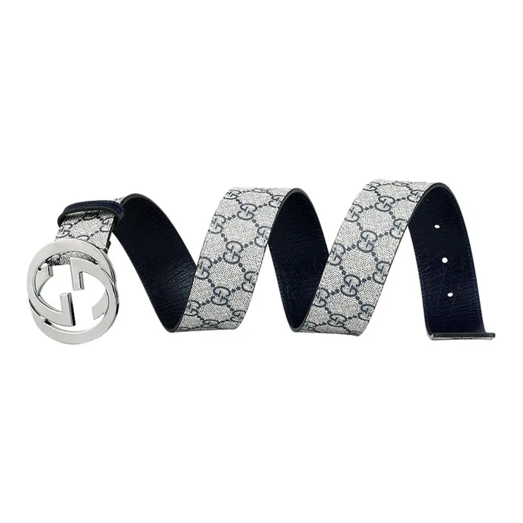 GUCCI Silver GG Buckle Belt Smooth Buckle Leather Belts Unisex Beige Blue Width: 4cm-2