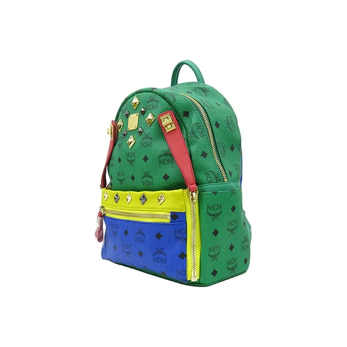 MCM Stark Visetos Leather Backpack Small Size Unisex Green & Blue-1