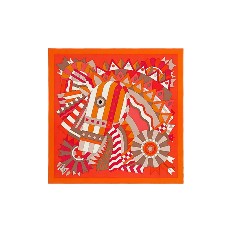 HERMES Celebration Steed Silk Scarves Women's Orange Vermilion-0