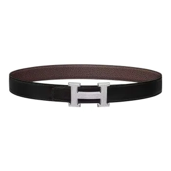 HERMES H Guillochee Cow Leather Belts Men's Black/Chocolate Width  3.2cm