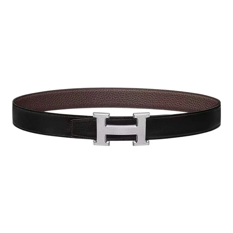 HERMES H Guillochee Cow Leather Belts Men's Black/Chocolate Width  3.2cm-0