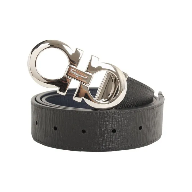 FERRAGAMO Cow Leather Belts Men's Black/Blue Width 3.5cm-0