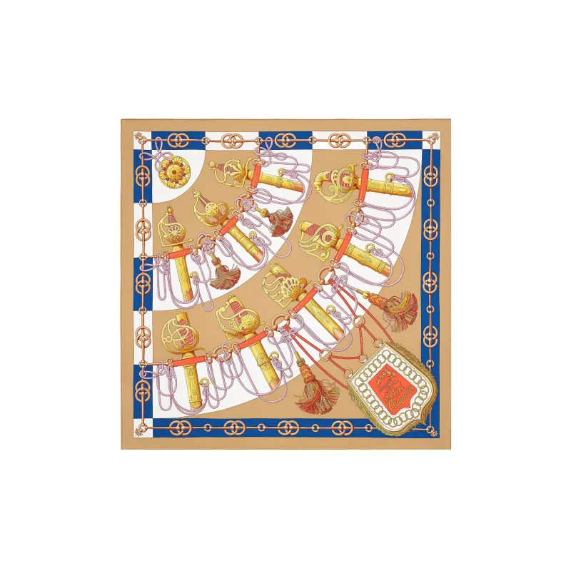 HERMES Silk Scarves Women's Camel/Indigo/Antique Gold-0