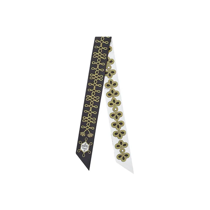 HERMES Small Silk Scarves Women's Black White Gold-0