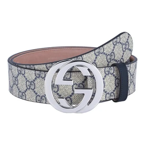 GUCCI Interlocking G Palladium Buckle Belt GG Supreme 1.5'W Beige/Blue