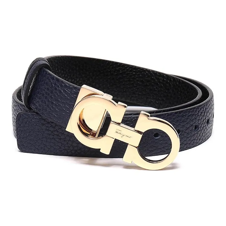 FERRAGAMO Cow Leather Belt Women's Dark Blue/Black Width  2.5cm-2
