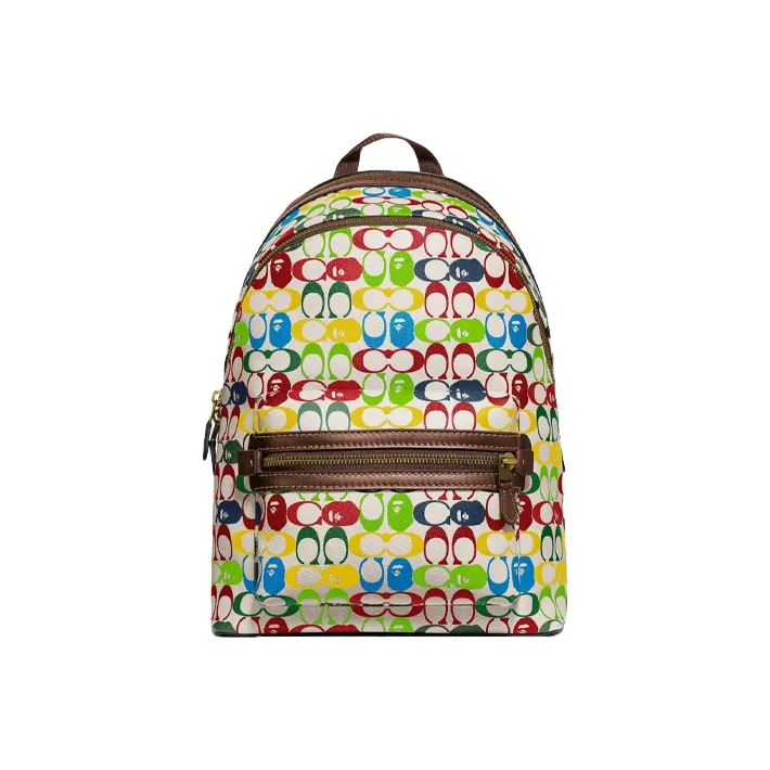 COACH X Bape Collaboration Academy Canvas Cowhide Backpack Large Size Unisex Brown-0