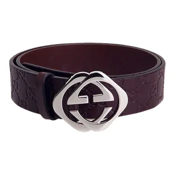 GUCCI Silver Square Double G Smooth Buckle Leather Belts Men's Brown Width 4cm