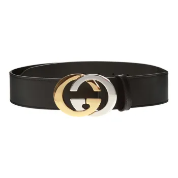 GUCCI Gold And Silver Double G Interlocking Buckle Casual Belt Leather Belts Men's Black Width  4cm