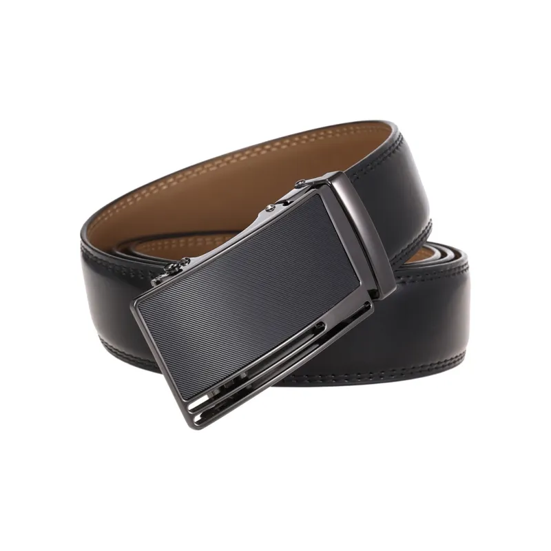 BAIJUAN Shiny Textured Cut-Out Automatic Buckle Cow Leather Belt Men's Business Black Width 3.5CM Leather Belts Men's-0