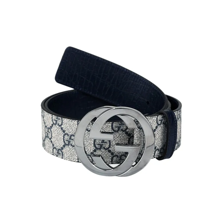 GUCCI Silver GG Buckle Belt Smooth Buckle Leather Belts Unisex Beige Blue Width: 4cm-1