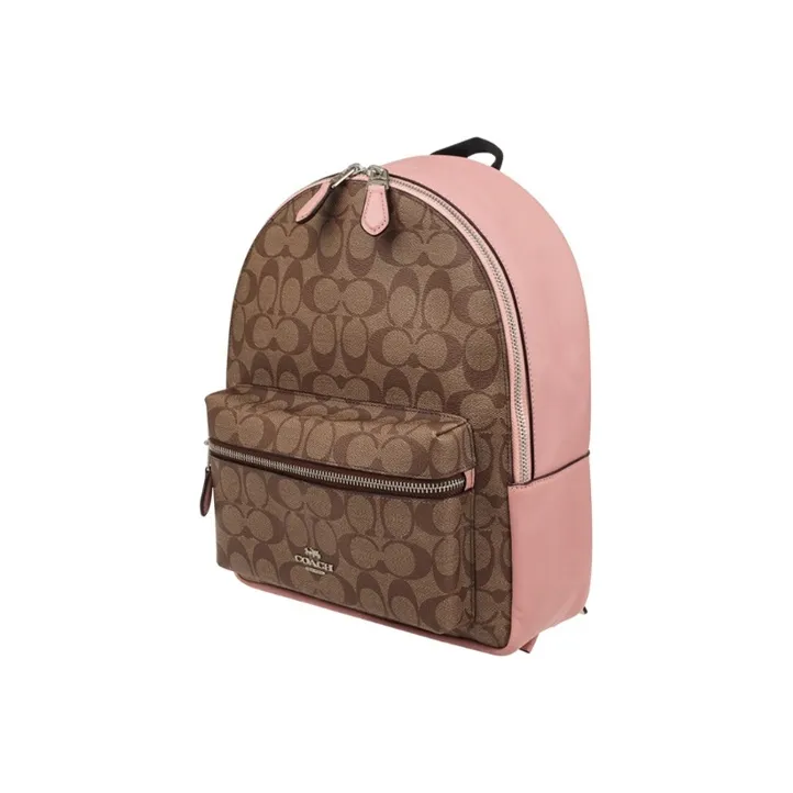 COACH Canvas With Artificial Leather Backpack Medium Size Women's Khaki & Pink-1
