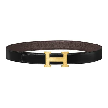 HERMES H Stripes Gold Buckle Togo Calfskin Double Sided Leather Belt Unisex Dark Chocolate Width 3.2cm