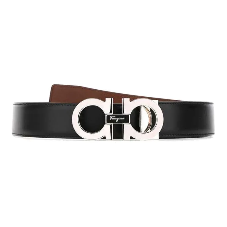 FERRAGAMO Calfskin Leather Belts Men's Black Width 3.3cm-0