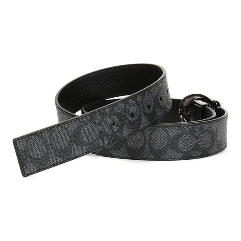 COACH Canvas Leather Belts Men's Carbon Gray Black Width 3.7cm-4