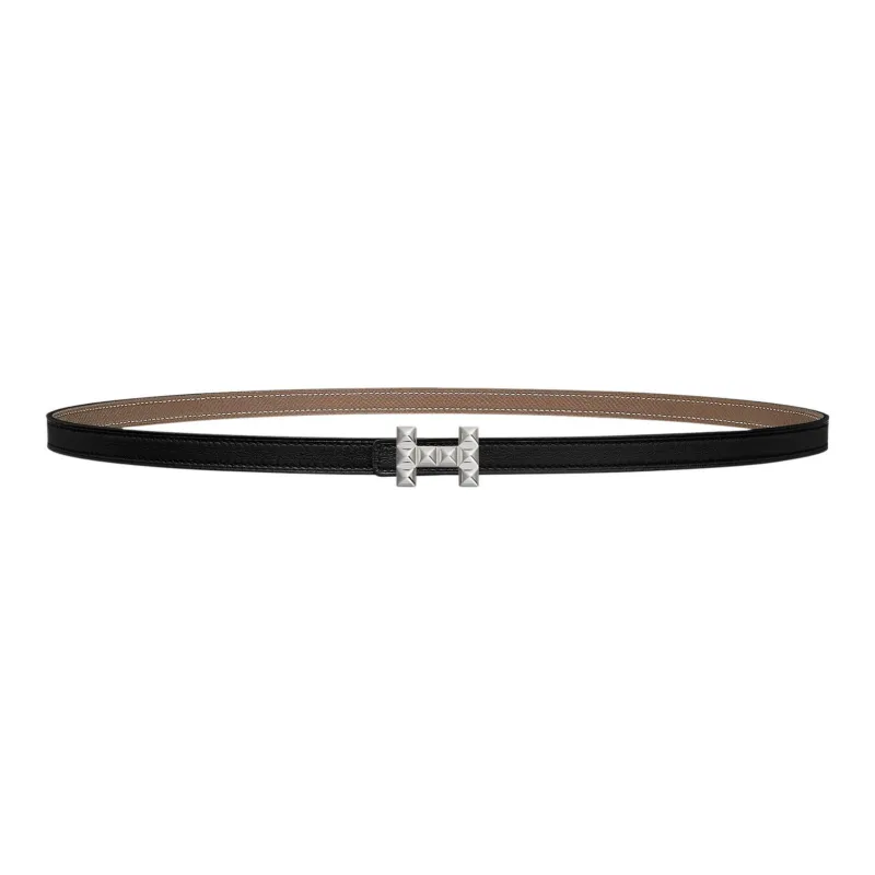 HERMES Medor Silver Buckle Epsom Calfskin Double Sided Leather Belt Women's Black/Elephant Gray Width 1.3cm-0