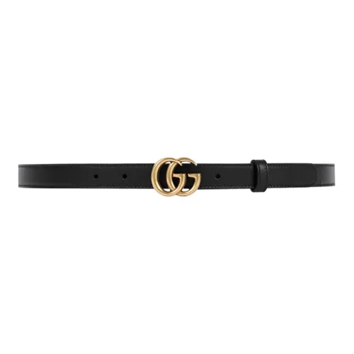 GUCCI Double G Thin Leather Belt Antique Brass Buckle 0.8 Width Black