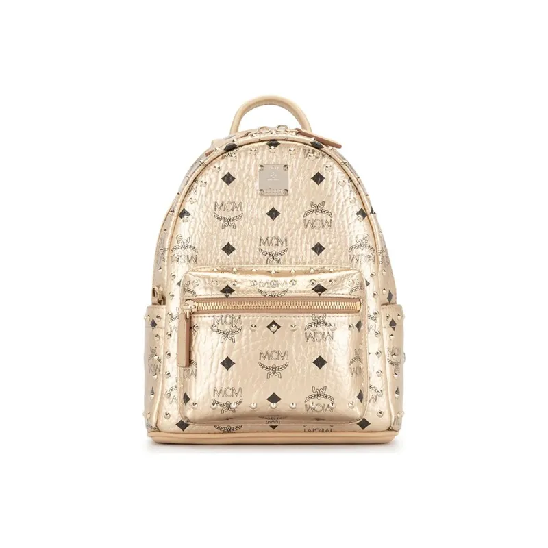 MCM Stark Visetos Leather Handbag, Backpack, Backpack Women's Gold-0
