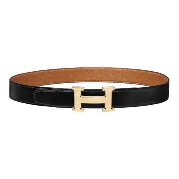 HERMES H Stripes Gold Buckle Togo Calfskin Double Sided Leather Belt Unisex Black/Gold Width  3.2cm