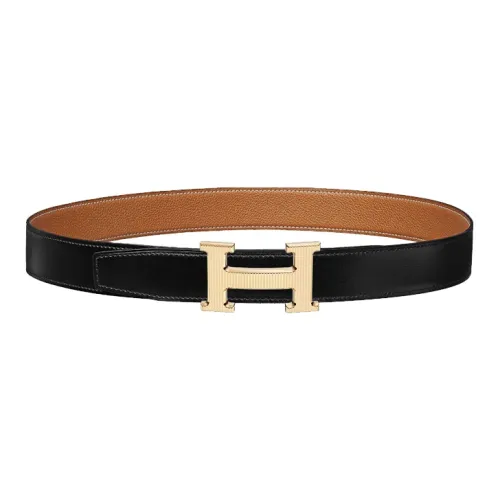 HERMES H Stripes Gold Buckle Togo Calfskin Double Sided Leather Belt Unisex Black/Gold Width  3.2cm