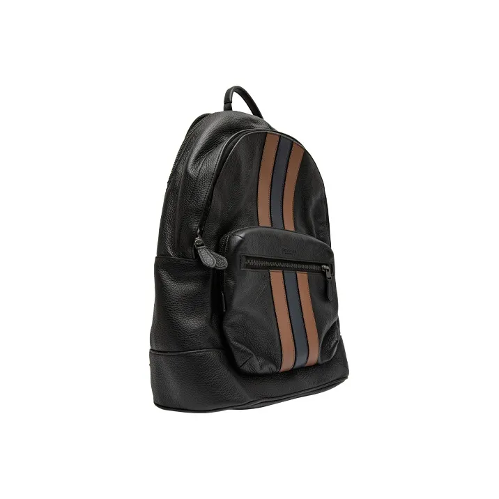 COACH West Pebbled Leather Backpack Medium Size Men's Black & Brown Blue Stripes-1