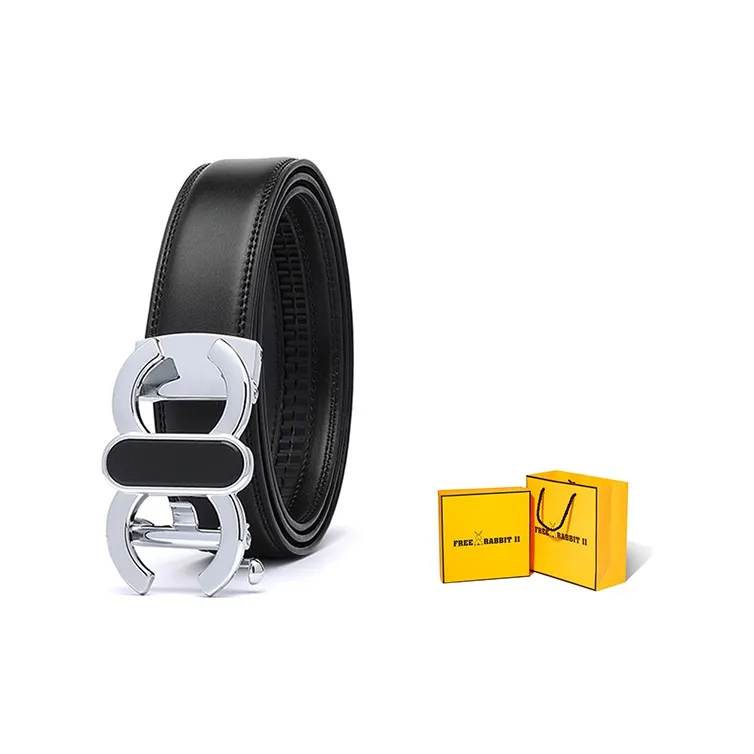FREE RABBITⅡ Dazzling Color Smooth Buckle Print Cow Leather Belt Men's Black Width  3.5cm-0