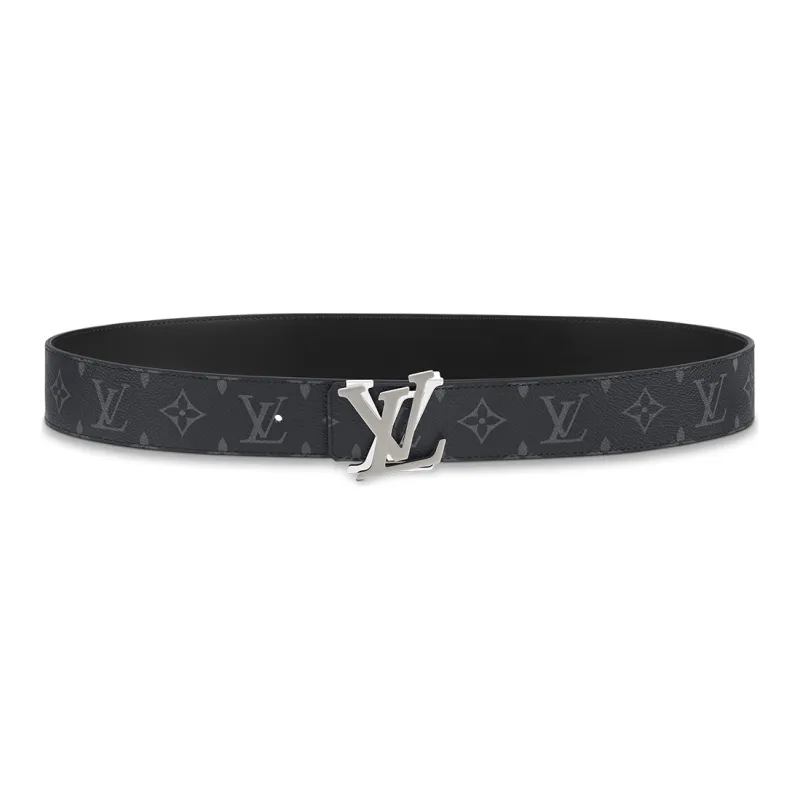LOUIS VUITTON Double Sided Silver Logo Smooth Buckle Cow Leather Canvas Leather Belts Men's Black Width 4cm-0