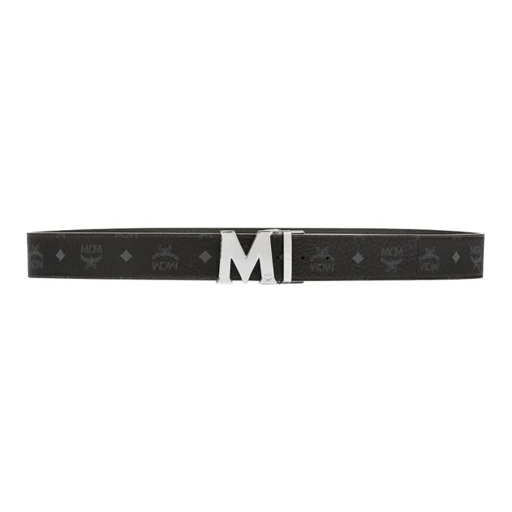 MCM M Reversible Belt Visetos White Logo 1.75W 51In/130Cm-2
