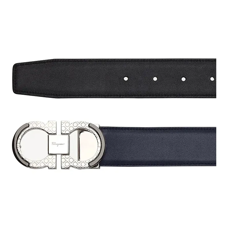 FERRAGAMO Cow Leather Belt Men's Navy Blue Width: 3.5cm-2