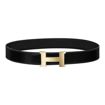 HERMES Shiny Gold Tone Lock Togo Calfskin Double Sided Leather Belt Leather Belts Men's Black Width  3.8cm