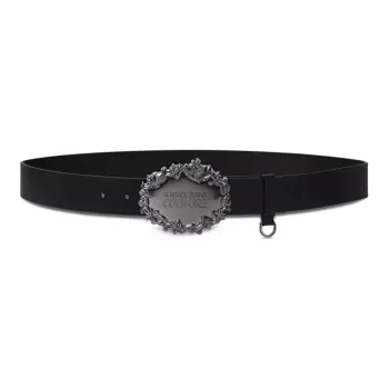 VERSACE JEANS COUTURE Baroque Pattern Edges, Letter Decoration Smooth Buckle Leather Belts Unisex Black