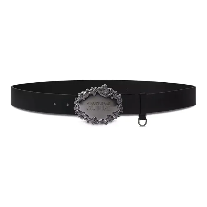 VERSACE JEANS COUTURE Baroque Pattern Edges, Letter Decoration Smooth Buckle Leather Belts Unisex Black-0