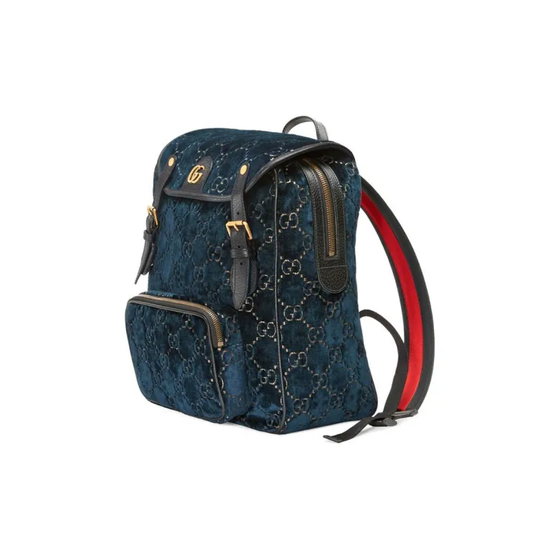 GUCCI Velvet With Leather Backpack Small Size Unisex Dark Blue-1