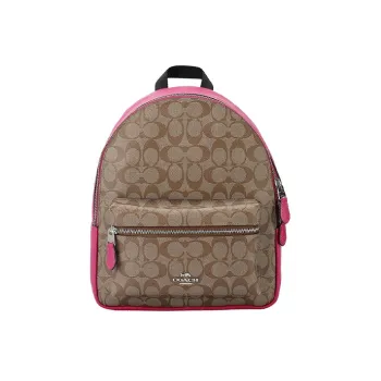 COACH Charlie Canvas With Leather Backpack Medium Size Women's Khaki Monogram & Pink