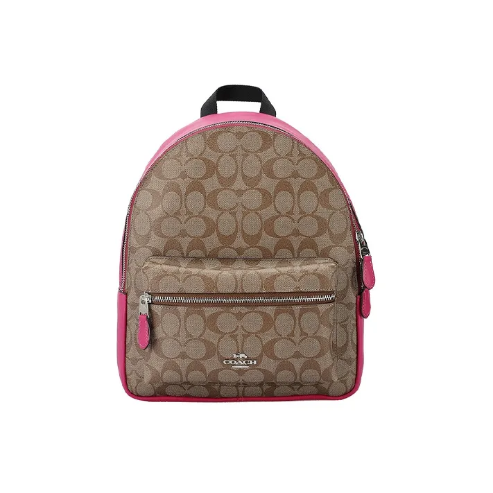 COACH Charlie Canvas With Leather Backpack Medium Size Women's Khaki Monogram & Pink-0