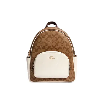 COACH Court Canvas With Leather Backpack Medium Size Women's White & Brown