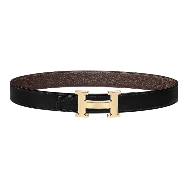 HERMES H Stripes Leather Belts Women's Black-0