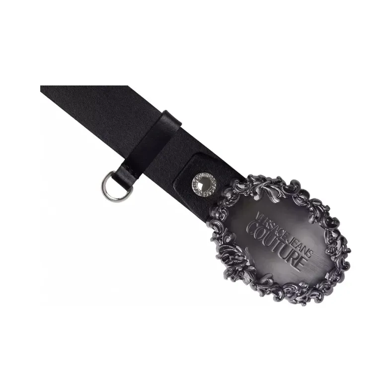 VERSACE JEANS COUTURE Baroque Pattern Edges, Letter Decoration Smooth Buckle Leather Belts Unisex Black-1