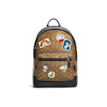 COACH Peanuts Snoopy Collaboration Canvas With Leather Backpack Tubas Men's Khaki Monogram & Black