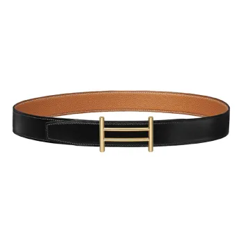 HERMES Rider Gold-Tone Lock Togo Calfskin Double-Sided Leather Belt Men's Black Gold Width: 3.2cm