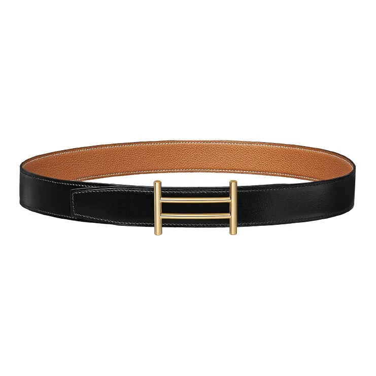 HERMES Rider Gold-Tone Lock Togo Calfskin Double-Sided Leather Belt Men's Black Gold Width: 3.2cm-0