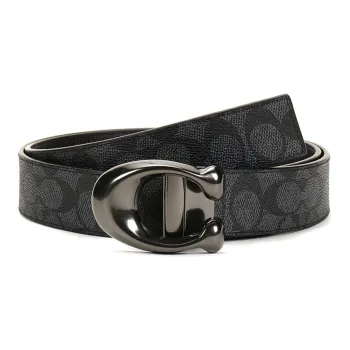 COACH Canvas Leather Belts Men's Carbon Gray Black Width 3.7CM