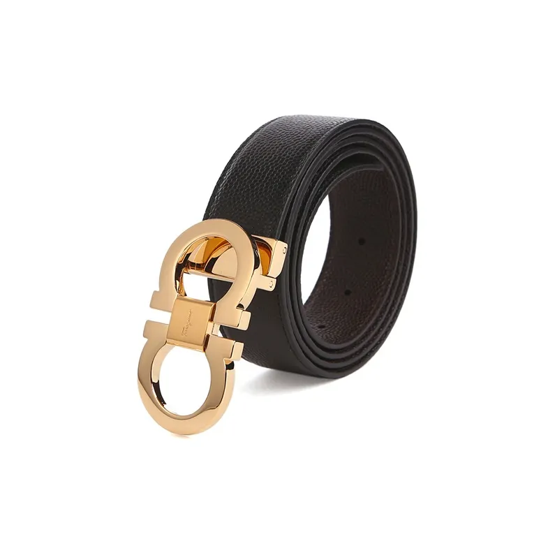 FERRAGAMO Gold And Silver Double Buckle, Smooth Buckle Cow Leather Belts Men's-2