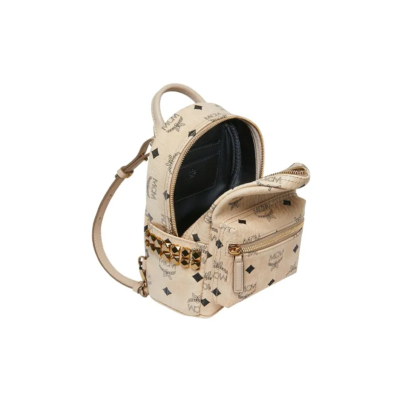 MCM Stark Visetos Leather Backpack Extra Mini Women's Beige-6