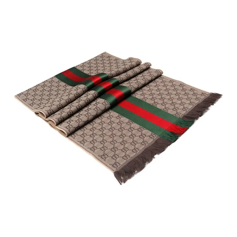 GUCCI Wool Silk Blend Knit Scarves Unisex Light Brown-3