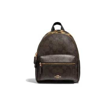 COACH Charlie Canvas With Leather Backpack Mini Unisex Dark Brown With Leopard Print