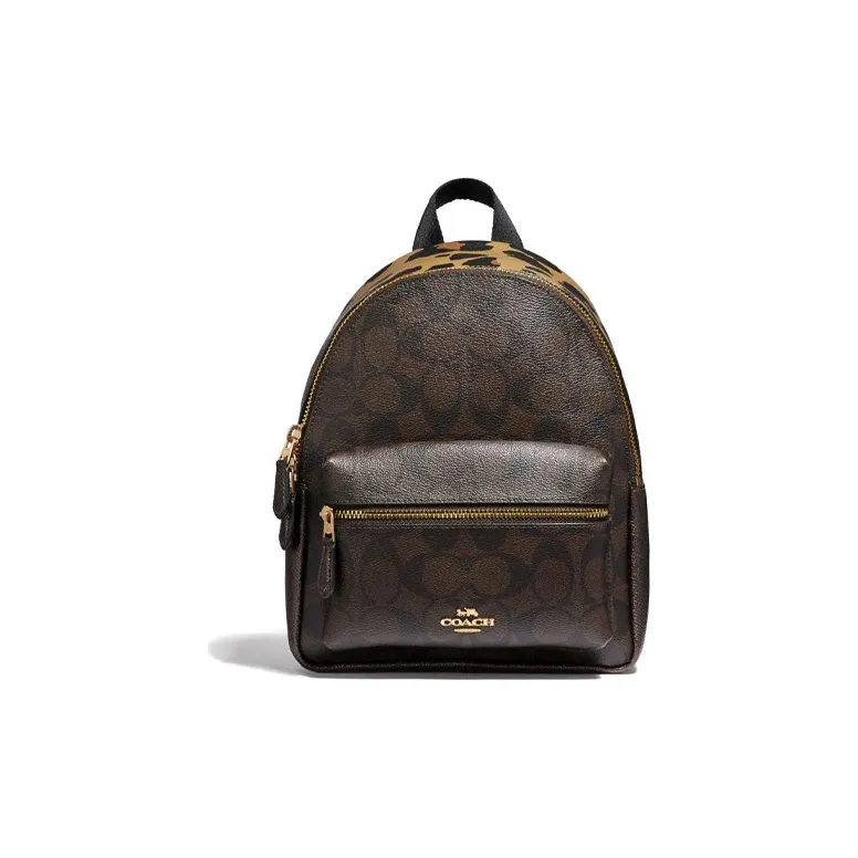 COACH Charlie Canvas With Leather Backpack Mini Unisex Dark Brown With Leopard Print-0
