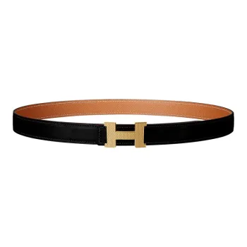 HERMES Mini Constance Guillochee Gold Buckle Epsom Calfskin Double Sided Leather Belt Unisex Black Width 2.4cm